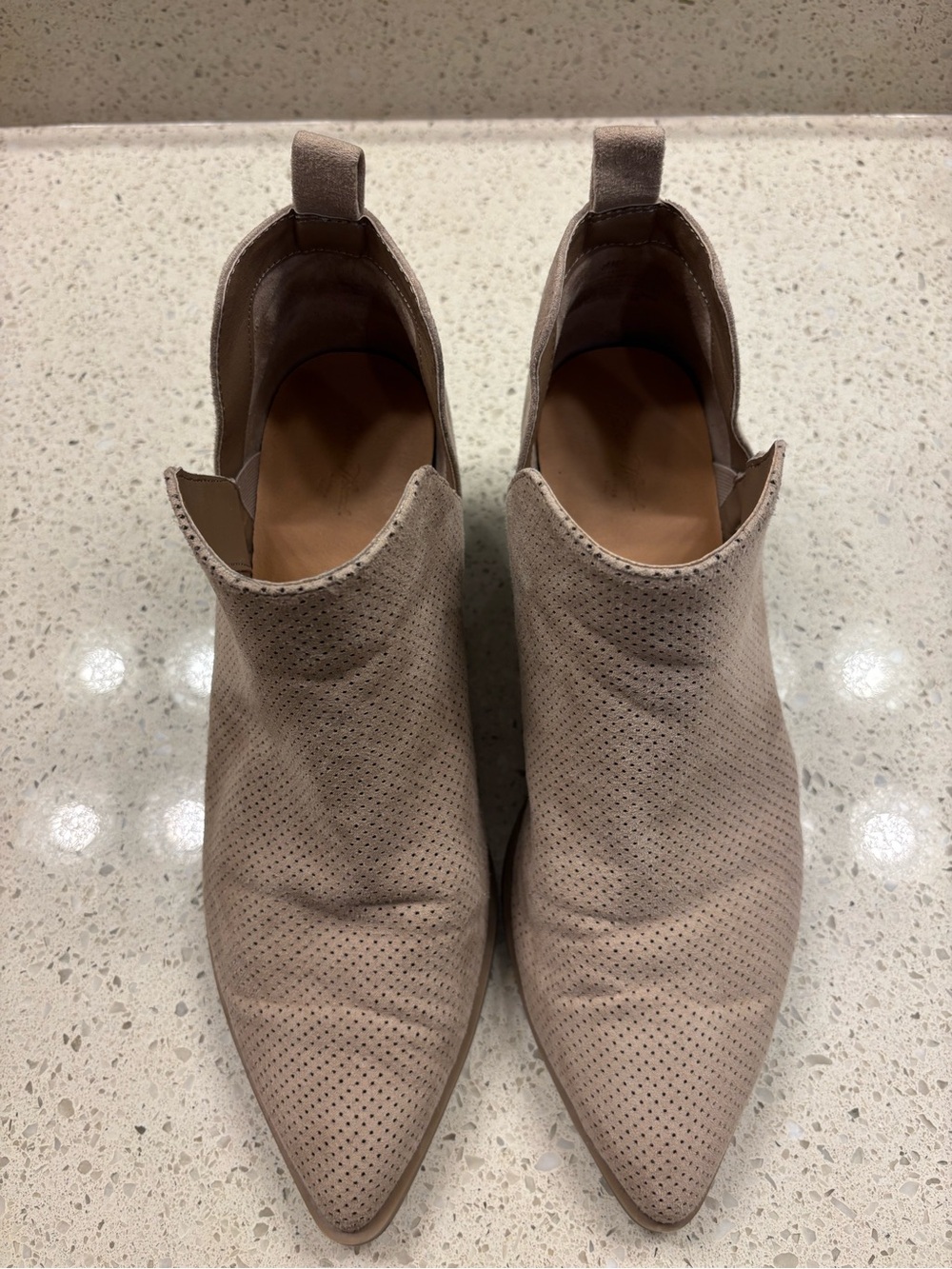 Perforated Pointed-Toe Ankle Booties — Taupe